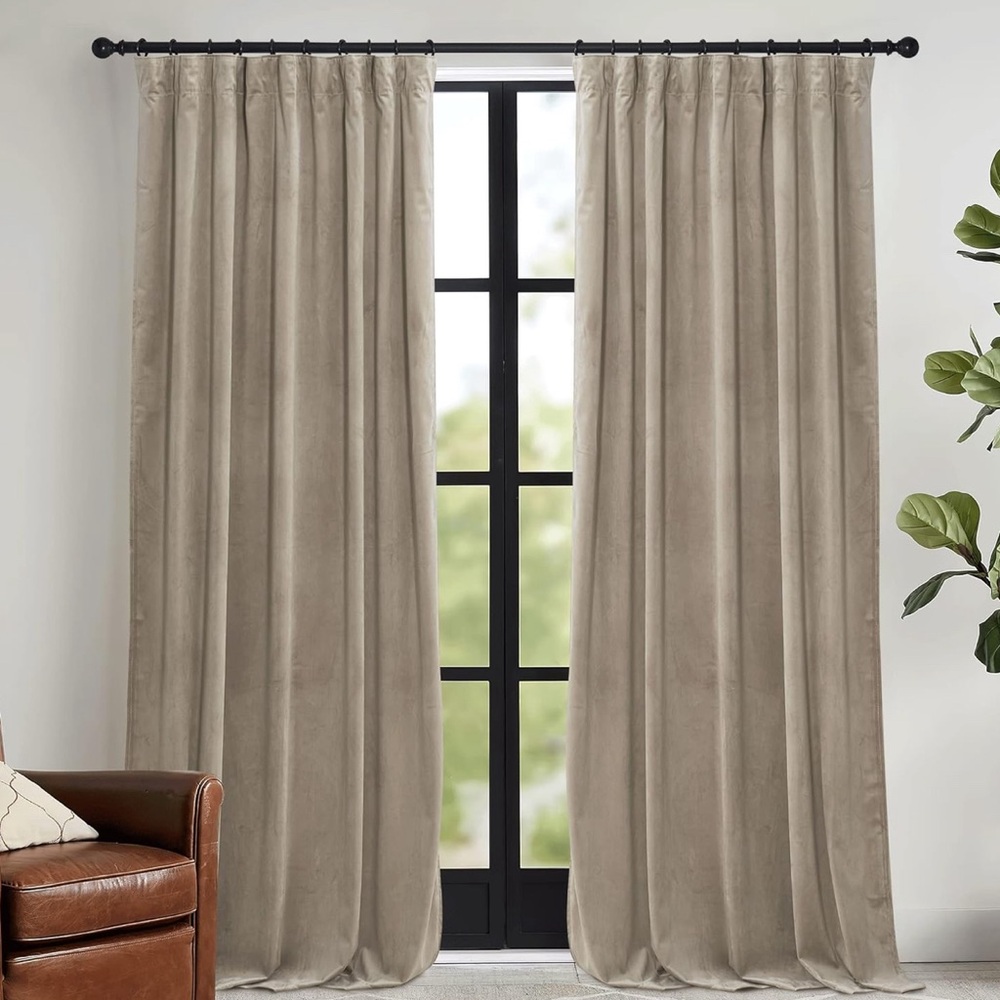 pair of greige velvet blackout curtains